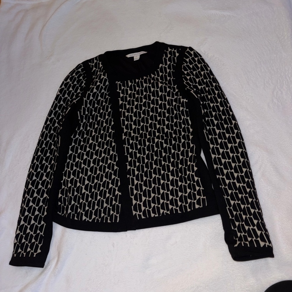 Diane Von Furstenberg Black and Tan Geometric Asymmetric Cardigan